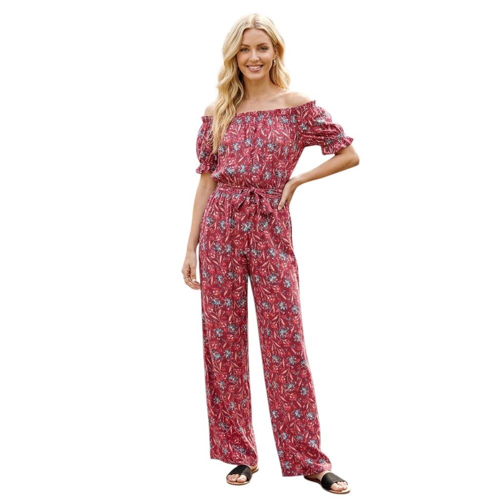 Kingston Grey Floral Off Shoulder  Jumpsuit, Junior XXS